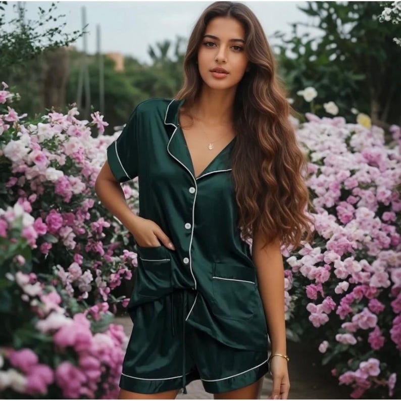 May include: Dark green satin pajama set with white piping. The set includes a short-sleeved button-down shirt and matching shorts. The shorts have a drawstring waist and pockets. The outfit is worn outdoors near pink flowers.