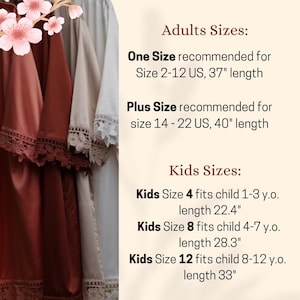 May include: Three satin robes in shades of brown and cream hang side by side. The robes have lace trim on the sleeves and edges. Text on the right indicates adult and children's sizes, with lengths of 37" to 40" for adults and 22.4" to 33" for children.