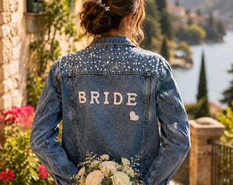 Pearl Embellished Denim Jacket: Mrs Bride Jean Jacket for Engagement Gift