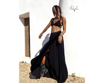 FALDA MAXI..Transformable...Falda larga de ryon, abierta, con clicks, falda boho, falda gypsy, asimetrica, falda tribal, steampunk