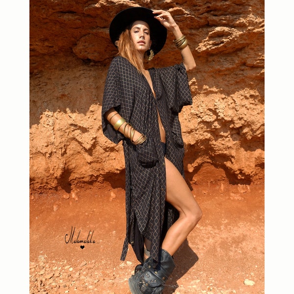 KIMONO CON CAPUCHA extraible...kimono boho, chaqueta kimono, kimono vestido, kimono tribal, kimono festival, kimono bohemio