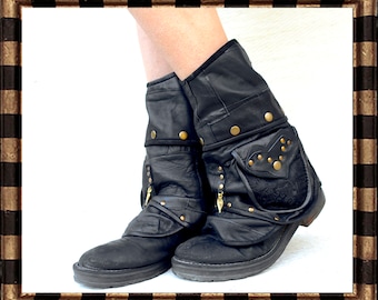 Czarne buty na koturnie, rozmiar 130. Z kieszeniami. Kowbojskie buty z frędzlami/ skórzane buty/ buty w stylu steampunk/ buty festiwalowe/ buty motocyklowe