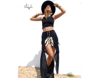 BLACK COVERPANTS SKIRT..Transformable...Slit ryon skirt, open skirt, boho skirt, gypsy skirt, asymmetrical, tribal skirt, steampunk