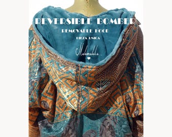 Dwustronna pluszowa kurtka typu bomber 'L'..Odpinany kaptur..Rozmiar L..Unikalny i ekskluzywny element garderoby..Unisex..Moda miejska..Kurtka traper..Kurtka festiwalowa typu bomber