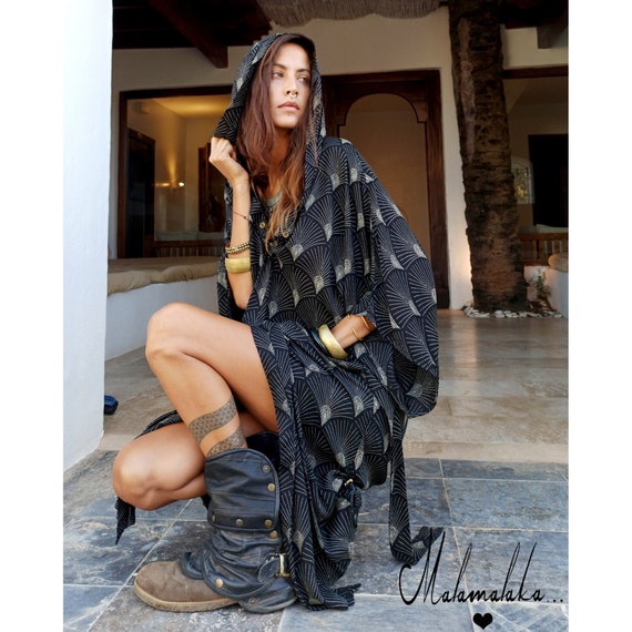 KIMONO CON CAPUCHA extraible...kimono boho, chaqueta kimono, kimono vestido, kimono tribal, kimono festival, kimono bohemio
