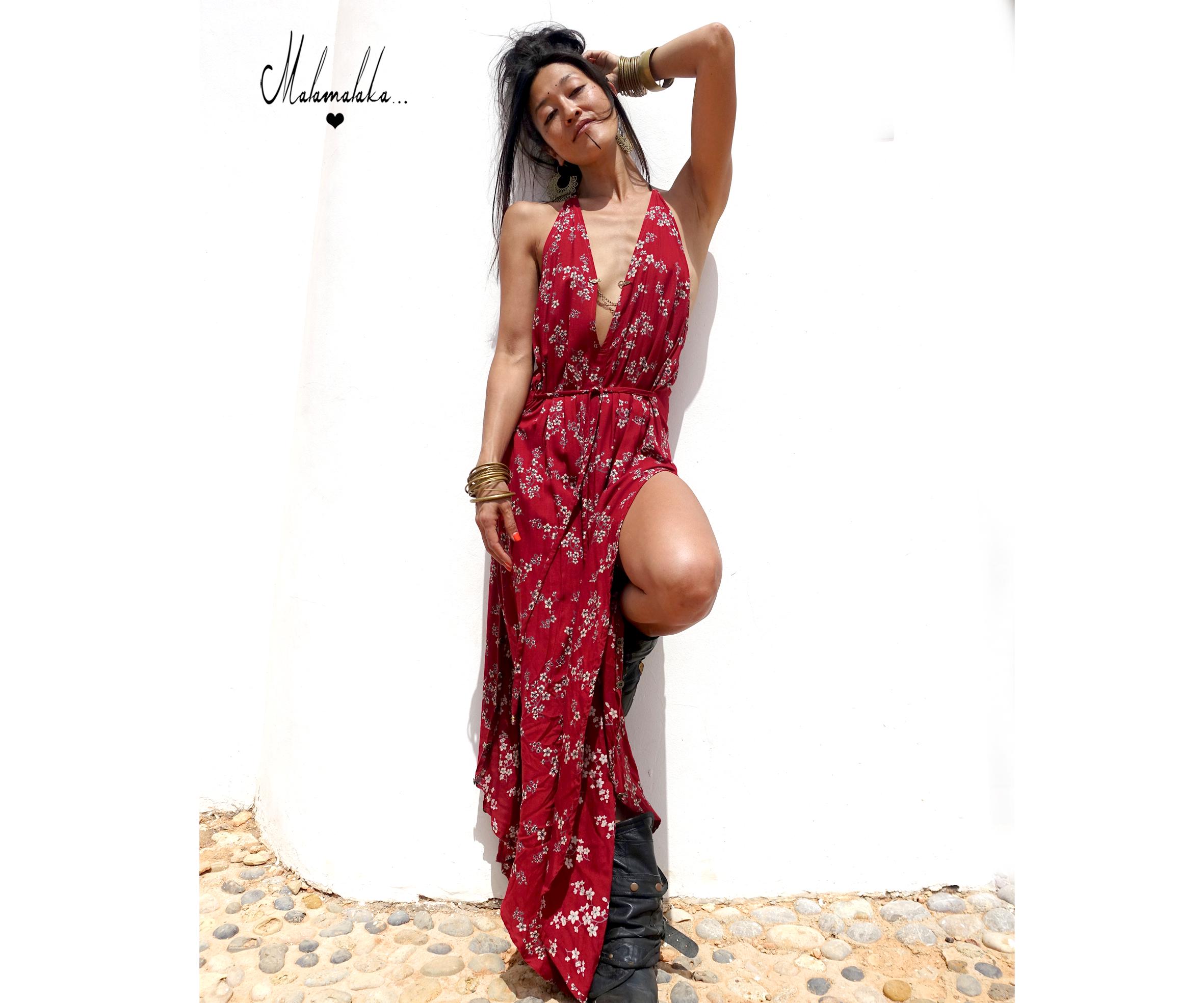strapless open back dress Red Slub Silk Kaftan Mullet Dress main image 1