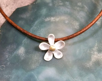 Silver Flower Leather Necklace