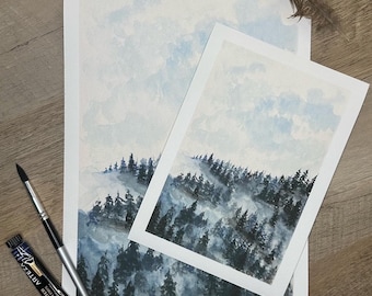 Smoky Mountain Watercolor Print: Misty Pine Tree Landscape
