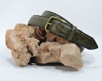 Ostrich leather hide olive green color / Handcrafted and made to order/ men's ostrich skin belt / Exotic leather