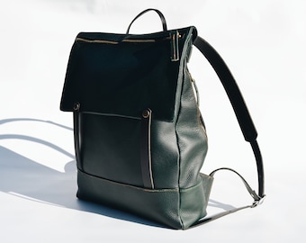 City Backpack Leather Bag In Green | Minimalist backpack | Backpack with zippers | Unisex leather backpack
