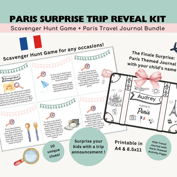 Paris Scavenger Hunt Surprise Trip Reveal Kit Personalized Kids Travel Journal Gift for Kids Printable Trip & Busy Book Activity