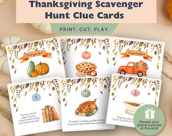May include: Thanksgiving Scavenger Hunt Clue Cards with watercolor illustrations of pumpkins, pie, and a truck. The cards include text prompts for an indoor family scavenger hunt. The text reads "Print. Cut. Play."