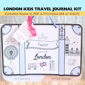 Kit imprimible de diario de viaje personalizado para niños en Londres / Imprimible de vacaciones / Revelación de viaje sorpresa de vacaciones / Registro de viaje / Regalo de viaje