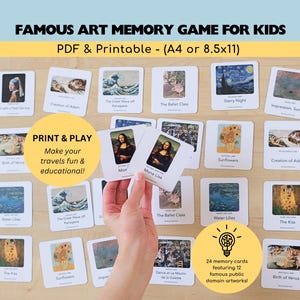 Jogo da Memória de Arte Famosa para Crianças – Atividade de Viagem Montessori para Imprimir, Jogo de Combinar História da Arte, Cartões de Aprendizagem para Educação Domiciliar