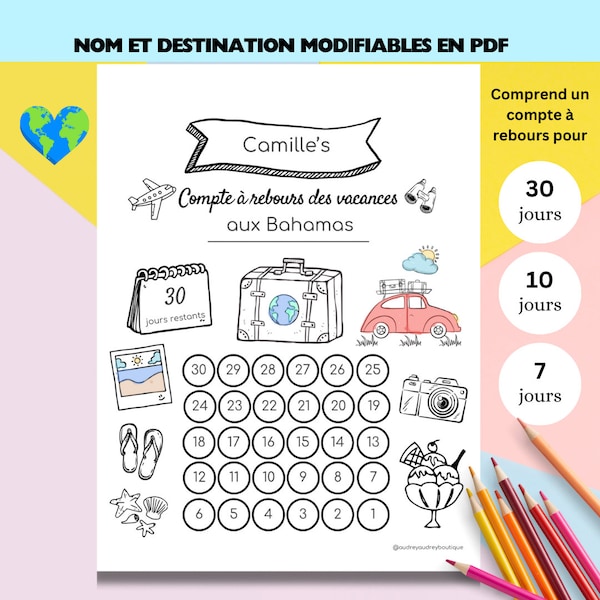 Compte à Rebours Imprimable pour une Surprise de Vacances, Révélation de Voyage Amusante,Activités de Coloriage pour les Enfants en français