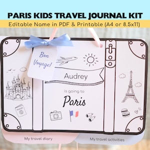 Kit imprimible de diario de viaje personalizado de París para niños / Imprimible de vacaciones / Revelación de viaje sorpresa de vacaciones / Diario de viaje para niños / Regalo de viaje