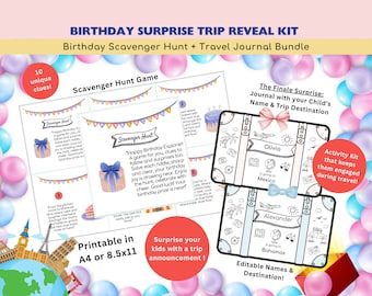 Birthday Scavenger Hunt: Surprise Trip Reveal Kit (Personalized, Printable)
