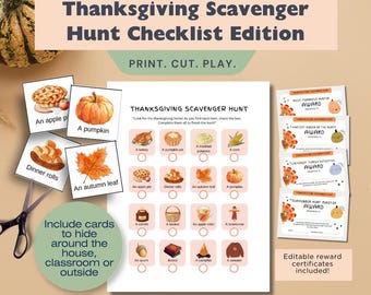May include: Thanksgiving Scavenger Hunt Checklist Edition with printable cards and reward certificates. Includes images of a pumpkin, apple pie, and other fall-themed items. Perfect for indoor or outdoor family fun.