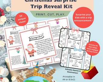 クリスマスサプライズ旅行のお知らせ | 印刷可能な宝探しゲームと子供向け家族旅行発表キット