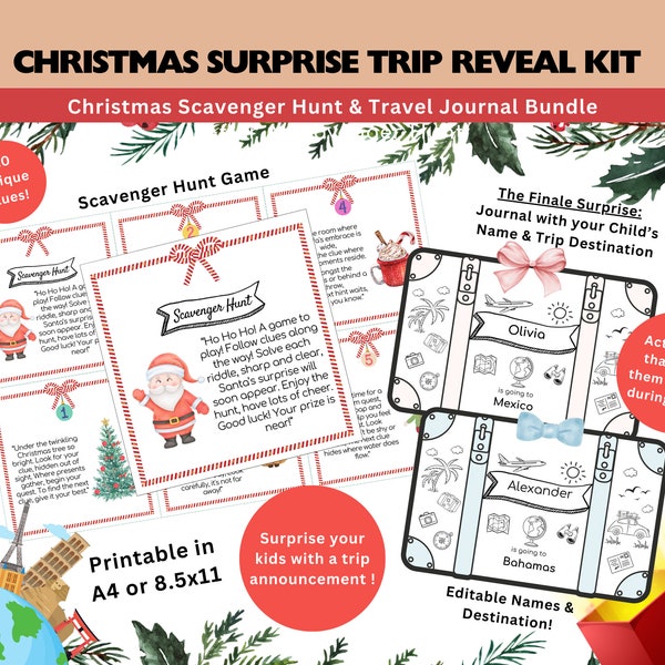 Christmas Scavenger Hunt Surprise Trip Reveal Kit Personalized Kids Travel Journal Gift for Kids Printable Trip & Flight Busy Book Activity
