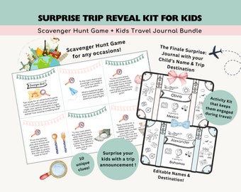 Surprise Trip Reveal Kit: Kids Scavenger Hunt & Travel Journal (Personalized, Printable)