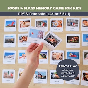 Op de afbeelding: Een geheugenspel voor kinderen met eten en vlaggen. Het spel bevat kaarten met afbeeldingen van verschillende voedingsmiddelen en vlaggen uit verschillende landen. De tekst op de kaarten luidt "FOODS & FLAGS MEMORY GAME FOR KIDS" en "PDF & Printable - (A4 or 8.5x11)".