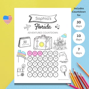 Conto alla rovescia stampabile per la Florida per bambini, vacanza a sorpresa, viaggio in Florida, conto alla rovescia stampabile per il viaggio in Florida, attività da colorare divertente, regalo per bambini