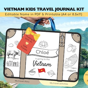 Kit de diario de viaje personalizado de Vietnam / Revelación de viaje sorpresa / Diario de viaje para niños / Actividad de viaje para niños / Regalo de viaje de recuerdo para niños