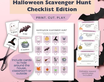 May include: Halloween Scavenger Hunt Checklist Edition. Includes printable cards with images of a ghost, bat, witch hat, and cauldron. Also includes reward certificates. Perfect for indoor or outdoor family or school activities.