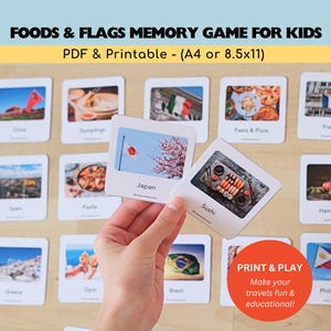 Jogo da Memória: Comidas e Bandeiras do Mundo – Atividade Montessori para Imprimir, Jogo de Combinar Alimentos para Crianças, Cartões de Viagem Educativos, Diversão para Educação Domiciliar
