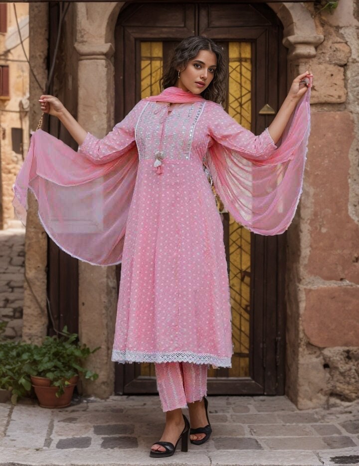Flared Rani Pink Colour Suit Set - Gillori