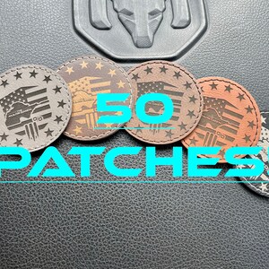 50 Custom leather patches with adhesive backing.  Leatherette Patch laser engraved! Bulk Order