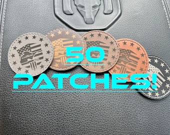 50 Custom leather patches with adhesive backing.  Leatherette Patch laser engraved! Bulk Order