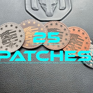 25 Custom leather patches with adhesive backing.  Leatherette Patch laser engraved! Bulk Order