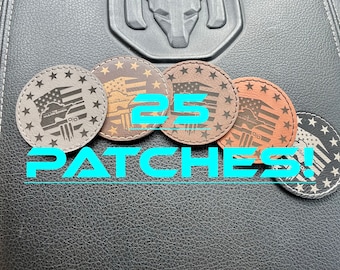 25 Custom leather patches with adhesive backing.  Leatherette Patch laser engraved! Bulk Order