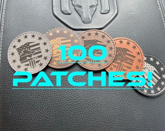 100 Custom leather patches with adhesive backing.  Leatherette Patch laser engraved! Bulk Order