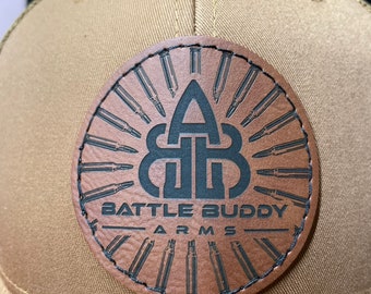 Custom leather patch with adhesive backing.  Leatherette Patch laser engraved!