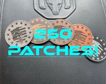 250 Custom leather patches with adhesive backing.  Leatherette Patch laser engraved! Bulk order.