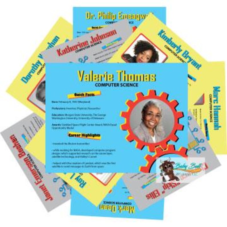 Puede incluir: Un conjunto de tarjetas de visita coloridas con los nombres de inform&aacute;ticos. La tarjeta central, con fondo azul, destaca a Valerie Thomas e incluye foto, logros profesionales y datos. Otras tarjetas muestran nombres como Kimberly Bryant y Katherine Johnson.
