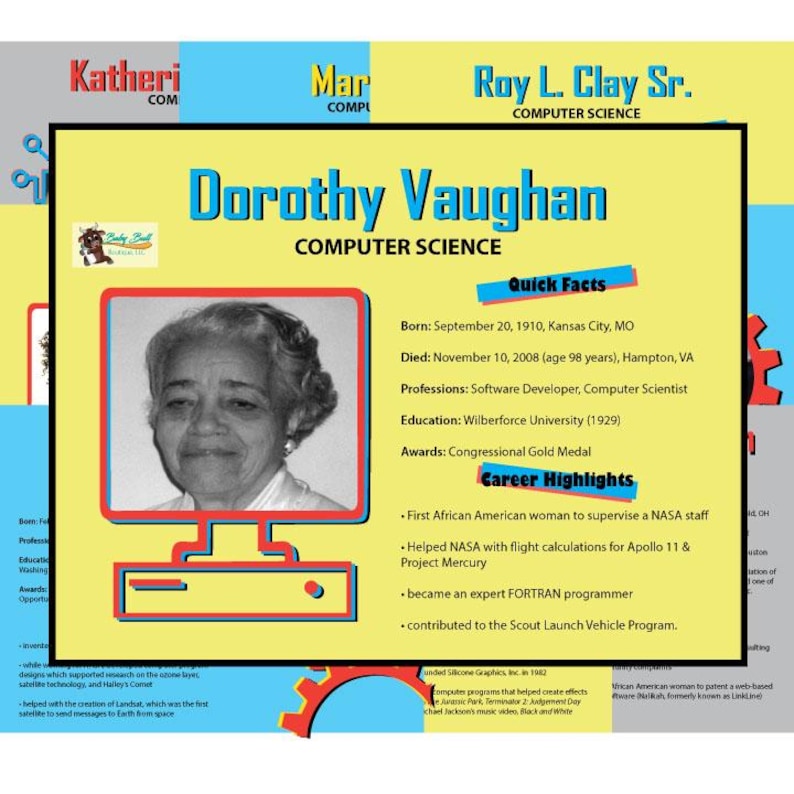 Puede incluir: Gr&aacute;fico sobre Dorothy Vaughan, pionera de la inform&aacute;tica. La imagen incluye un retrato, datos clave y aspectos destacados de su carrera, como su trabajo con la NASA y como programadora FORTRAN. El fondo es amarillo con detalles en azul y rojo.