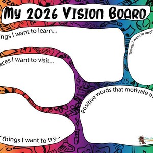 Kid's Neujahr 2026 Vision Board Arbeitsblatt zum Ausdrucken
