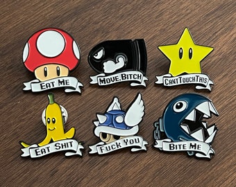 Juego de 6 pines de esmalte suave de Mario Kart Nintendo: Blue Shell, Chain Chomp, Banana, Super Star, Mushroom y Bullet Bill