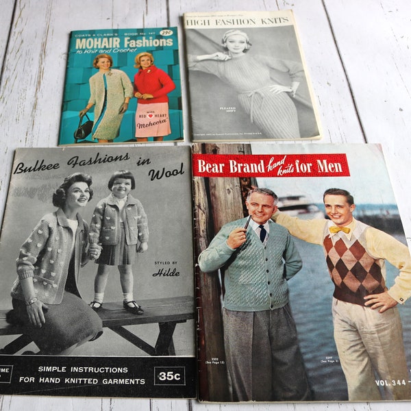 Vintage Crafting Booklets, Bundle of 4, Knit and Crochet Fashions, 1950s and 1960s Patterns for Mens and Womens Clothing, Cool Advertising