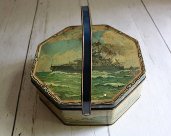 USS Idaho, US Naval Ships on Vintage Tin for Loose Wiles Biscuits, Octagonal Tin with Many SCRAPES, Store Treasures or Supplies, Use as Prop