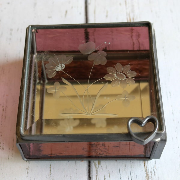 Jewelry Box, Purple Art Glass, Etched Flowers, Hinged Lid Mirror Inside, Heart Accent on Top, Studio One Art Glass Milwaukee