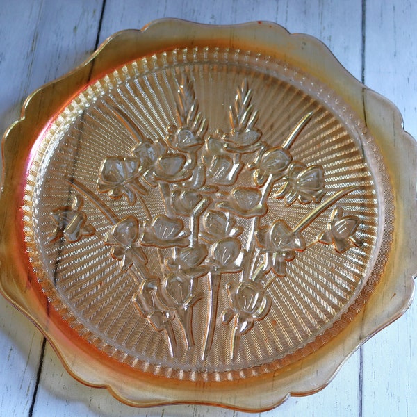 Serving Platter in Marigold Color, Carnival Glass, Jeanette Glass Co, Iris and Herringbone Pattern, Vintage 12-Inch Glass Serving Plate