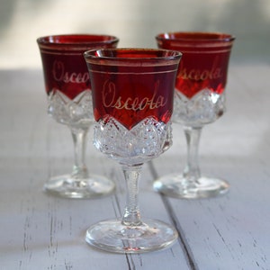 Ruby Red Cordial Glasses (Set of 3): Vintage Cut Glass, Osceola Wisconsin Souvenir