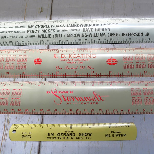 LOT of 4 Vintage Metal Rulers, Vintage Advertising, Detroit Area Stores, Jim Gerard Show, Union Local 235, Props for Film Photos