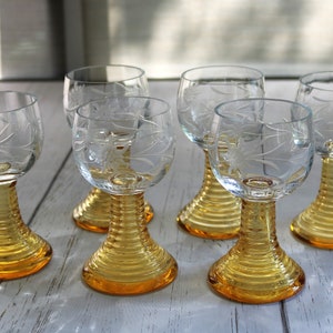 Vintage Boho Chic German Amber Crystal Wine Glasses With Beehive Stems -  Set of 4.