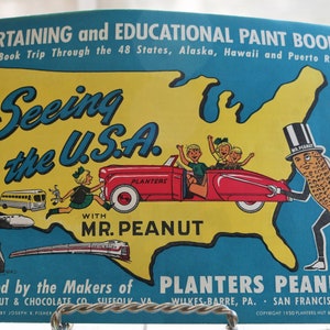 Mr Peanut Seeing the USA, Vintage Coloring Book from Planters Peanuts 1950, A Storybook Trip 48 States, Original Envelope, SEAM RIP